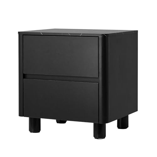 OIKITURE Side End Table with 2 Drawers, Marble Top Bedside Table with Wood Legs and Floor Protectors, Nightstand for Bedroom, Living Room, Home Furniture, 48x40x50cm, Black