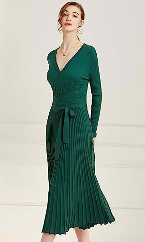 Image of Women's Long Sleeve Sweater Dress Ankle Length Fall Dress Vneck Knit Winter Dress