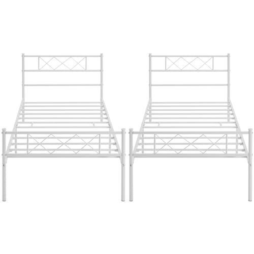 Yaheetech 2 Unidades Cama Individual Cama de Metal para Adultos Gran Espacio en Lamas Moderno Marco Blanco 90x200cm