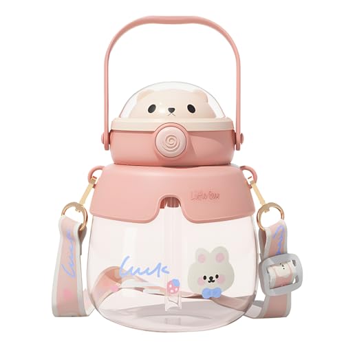 Kawaii Oso Botella de agua Kawaii de 850 ml con pajita y correa de hombro ajustable,...