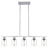 3WWWUEE 39.4' Kitchen Island Lighting, 5 Lights Clear Glass Pendant Light Fixtue, Chrome Linear Metal Chandelier for Dining&Living Room Foyer,Height Adjustable,E26 Socket