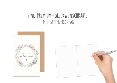 Edition Seidel Premium Glückwunschkarte zur Kommunion mit Umschlag. Kommunionskarte Karte Grußkarte Spruch Sprüche Mädchen Junge Jugendliche Lorbeer Blüten Kranz Taube (KO341 SW026)
