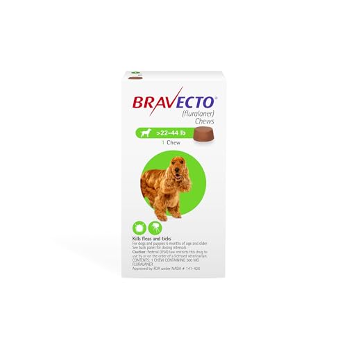 BRAVECTO Chew for Dogs, Flea & Tick, 1 Chew, 12 Week Supply, 22-44 lbs., Green Box