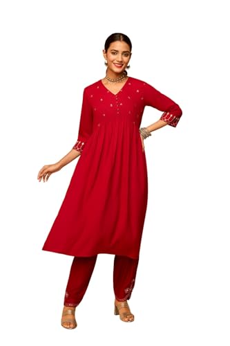 Image of Taneira Women Viscose Embroidered Dark Pink Kurta for Women (KUAL43DPL-Dark Pink-L)