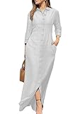 YMING Womens Long Sleeve Solid Color Dresses Front Split Floor Length Dress Simple Lapel Maxi Shirt Dress White L