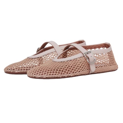 Women Mesh Ballet Flats Shoes Fishnet Ballerina Mary Jane Shoes Women Slip on Buckle Strap Casual Shoes