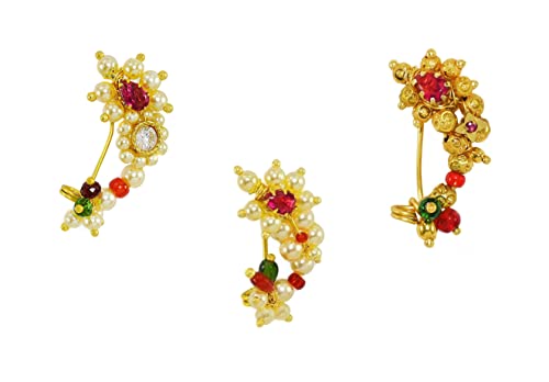 Image of Medium Size Traditional Maharashtrian Banu Nath Nose ring without piercing Pearl Gold Plated Nath Combo Clip On Nose Ring For Women