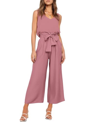 FANCYINN Damen Sommer Zweiteiliges Outfit Jumpsuit Festlich Hochzeit Lang Hosenanzug Ärmelloses Rundhals Tanktop Gekürzte Weites Bein Hose Playsuit Helles Kirschenrosa M