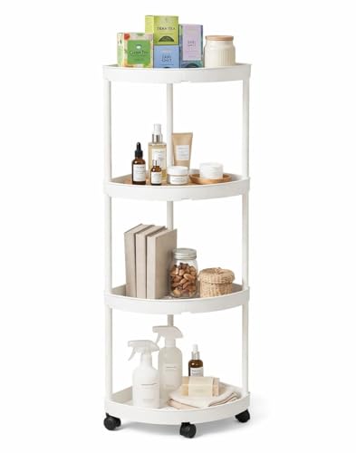 Carrello Salvaspazio con Ruote 4 Ripiani, Carrellino Stretto Portaoggetti per Cucina, Bagno e Lavanderia, Organizer Multiuso in Plastica Resistente, 36×26×86 cm, Bianco