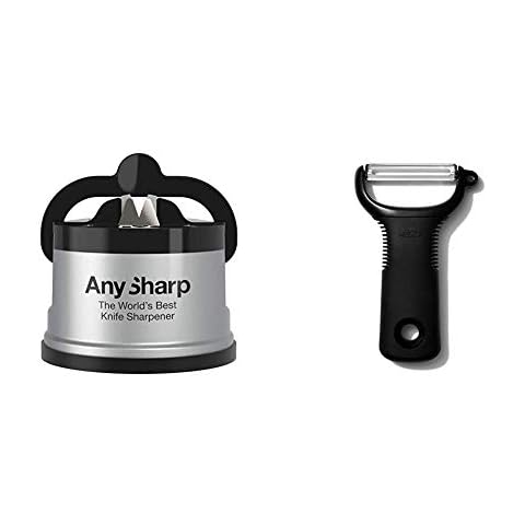 AnySharp Knife Sharpener with PowerGrip, Silver & OXO Good Grips Y Peeler Cover