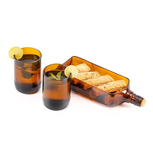 Kavi Upcycled Glass Bottle Serving Set, Eco Gift, Reclaimed Bottles Transformed into Environment Friendly Tableware, Serveware for Snacks, Juices, Starters, Cheese (Brown)