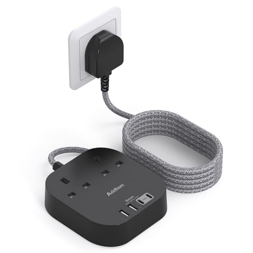 Extension Lead Power Strips with 2 Way Outlets 4 (4.5A 2 Type C and 2 USB-A Port) Surge Protection Plug Extension Socket with 1.6 Meter Braided cord for Home Office (Black)