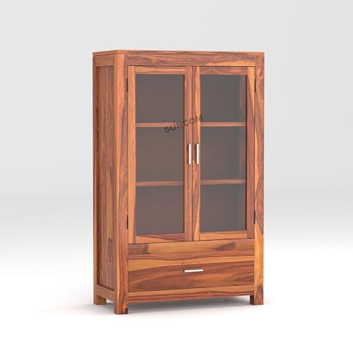 Image of SUNCOM Solid Sheesham Wood Sideboard Cabinet for Livingroom & Home Furniture - Wooden Cabinet with 2 Glass Doors & 1 Big Drawers for Storage - Designed to Display. Built to Store (Natural Finish)