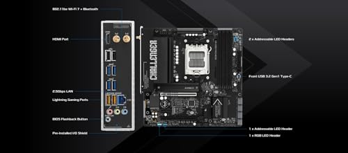 Image of ASRock B850M Challenger WiFi Socket AM5 Micro-ATX Motherboard, B850, Supports AMD Ryzen 9000 /8000 /7000 Series, DDR5 8000+(OC), PCIe 5.0, WiFi 7, 2.5G LAN, Lightning Gaming Ports