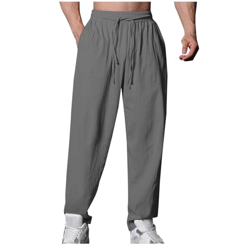 Cotton Linen Pant for Men Solid Color Pockets Casual Trousers Elastic Waist Loose Exercise Lightweight Running Pant