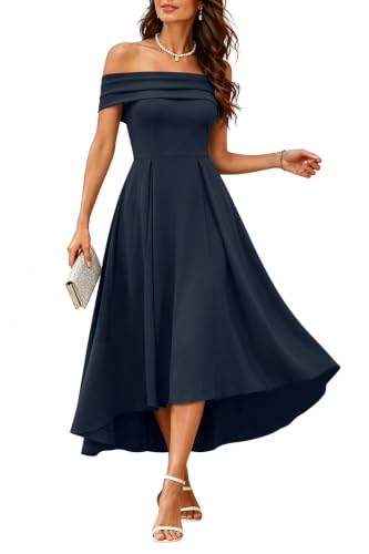 Navy Blue Semi Formal Dress for Women Cocktail Party Wedding Guest Midi Off Shoulder High Low A Line Petite Dresses
