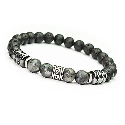New Magnifique Bracelet Homme style Tibétaine perles 8mm pierres Labradorite Gris mat Lave Volcanique Hématite rondelles acier inoxydable/inox fait main en France BRANDAD412 (M 19-20cm)