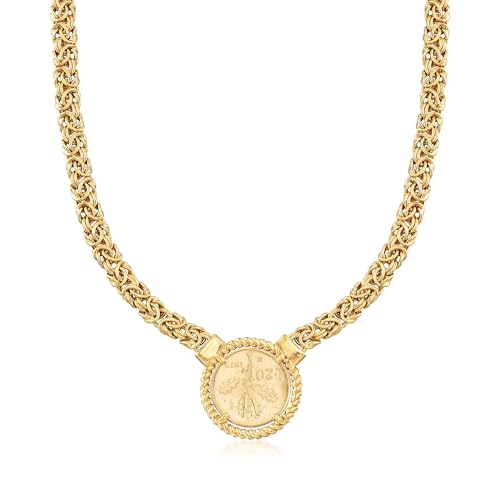 Ross-Simons Italian 18kt Gold Over Sterling Replica Lira Coin Byzantine Necklace3