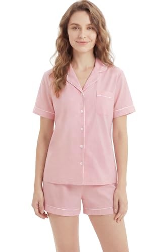 Image of LUBOT 100% Cotton Pajamas for Women 2 Piece PJ Set Button-Down Soft Knit Short Sleeve Summer Sleepwear Loungewear XS-XXL