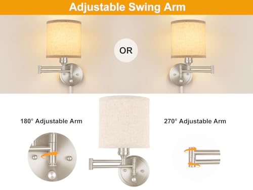 Image of Plug in Wall Sconces with Remote Control, Dimming & Adjustable Colors 2700K-6500K, Hardwire or Plug-in, Swing Arm Wall Lamp with Linen Fabric Shade, Wall Sconces Set of Two, Brushed Nickel Finish