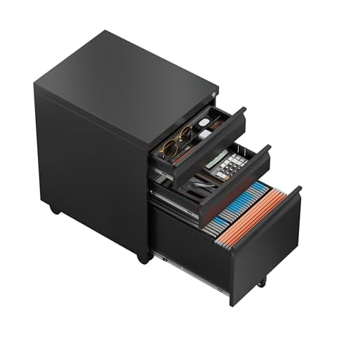 Kooyon Locking File Cabinet 3 Drawers on Wheels Under Desk, Metal Filing Cabinets for Home Office, A4, Letter-Size Files, Hanging File Folders-Black Cover