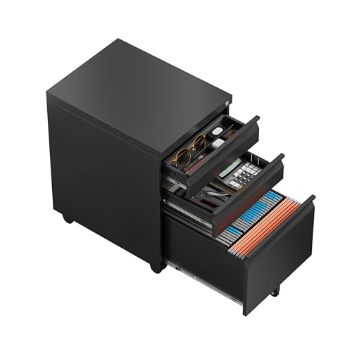 Kooyon Locking File Cabinet 3 Drawers on Wheels Under Desk, Metal Filing Cabinets for Home Office,...