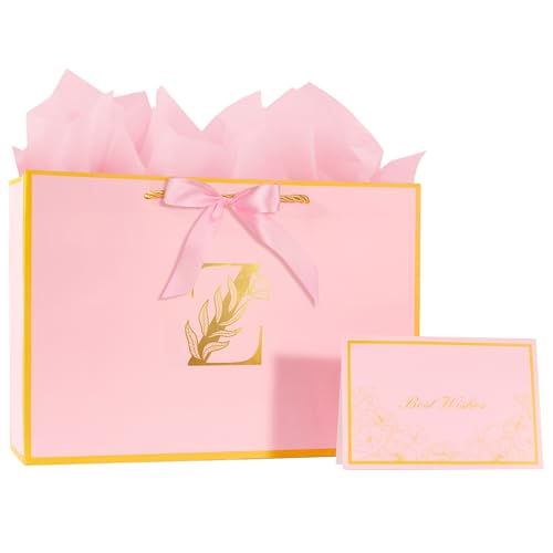 12.6Inch Large Pink Letter Gift Bag with gift Card and Tissue Paper for Girl Womens Birthday Valentines Day Thank You Christmas Any Occation (Pink Z)