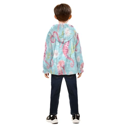 Pink Seahorse Pattern Toddler Fleece Jacket Girl Boys Hooded Fleece Jacket Coat Warm Outwear Zip-up 3-10T4
