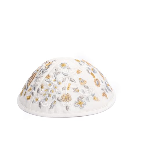 Yair Emanuel Kippah Embroidered Gold and Silver Birds and Flowers Designed