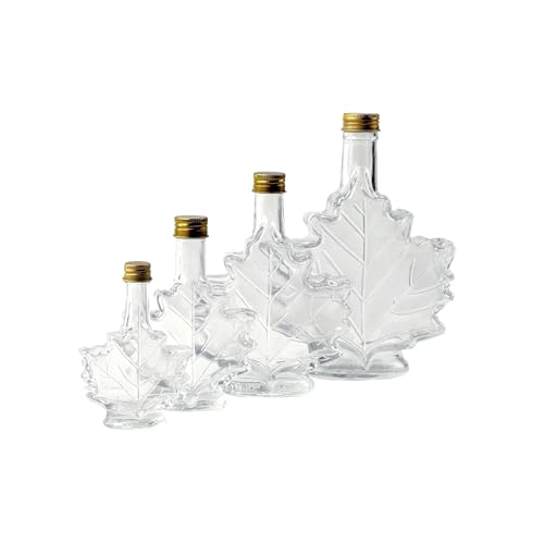 North Mountain Supply Glass Maple Syrup Bottles Reusable Leaf Shaped Glass Bottles with Gold Metal Lids Multi-Size Sampler Set (4 Bottles)