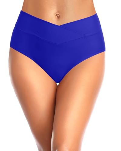 Image of Women V Cut Full Coverage Bikini Bottom - High Waist Swim Bathing Suit Bottoms Cross V Front Swimsuit
