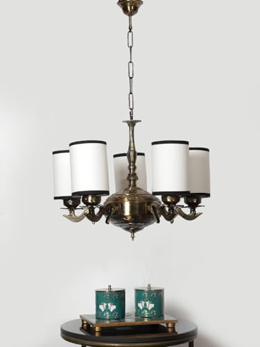 Image of Devansh 05 Lights White & Black Round Cotton Shade with Antique Golden Chandelier