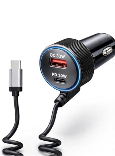 Image of Fast Charging Car Charger with Cable | USB Car Charger Adapter with Coiled Cable for Smartphones, GPS & Accessories | Safe, Durable & Compact Car Charging Solution