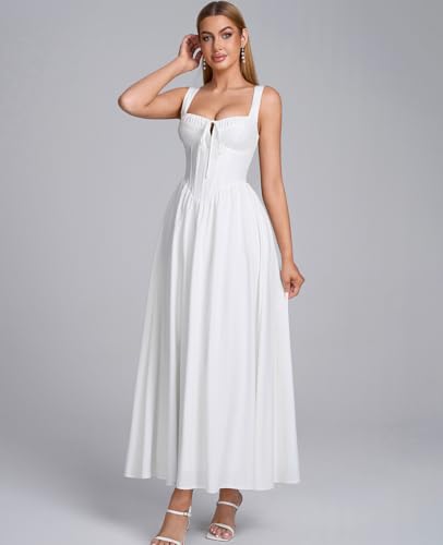 Image of GLNEGE Womens Corset Midi Dress Spring Wedding Guest A-line Flowy Dresses Lace Up Summer Tea Party Long Sundress for 2026
