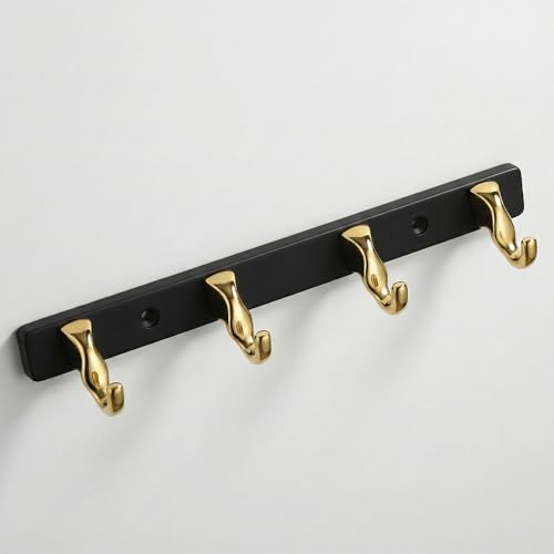 Image of 4 Hook Modern Bathroom Hooks for Hanging /Cloth Hooks for Door Back Side /Cloth Hanger for Wall (Gold with Black) Pack of 1-| 3 Years Warranty |