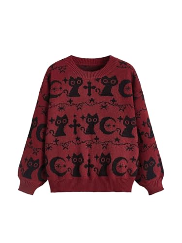 Image of WDIRARA Women's Goth Cartoon Pattern Sweater Long Sleeve Crewneck Knit Pullover Top
