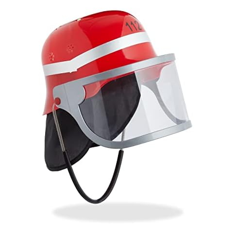 Relaxdays Feuerwehrhelm Kinder, mit Visier, Nackentuch & Kinnriemen, verstellbarer Kopfumfang, Feuerwehrmann Helm, rot Cover