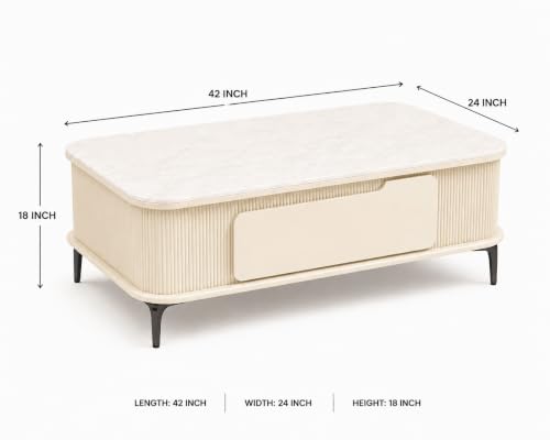 Image of WOODEN SPACE Premium Solo Marble-Top Wooden Center Table for Living Room | Iron Legs | PVD Coating | Modern Entryway Furniture | Coffee Table (Cream, 42x24x18 Inch)