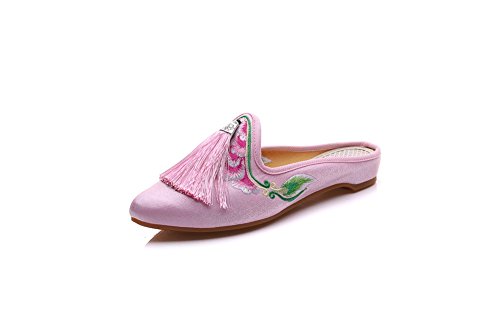 Lazutom Women Lady Chinese Style Vintage Embroidery Tassels Point Toe Indoor Outdoor Slipper