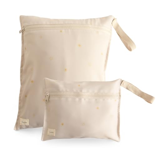 Image of mushie Water Resistant Wet Bags | Large & Small Reusable Storage Bag for Baby Items and Travel | Zippered Pockets with Handle | Machine Washable, Set of 2 (Sun)