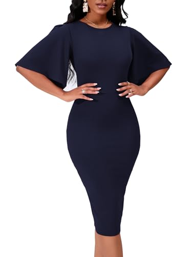 Image of WanMem Womens Basic Bodycon Ruffle Flared Short Sleeve Pencil Midi Dress