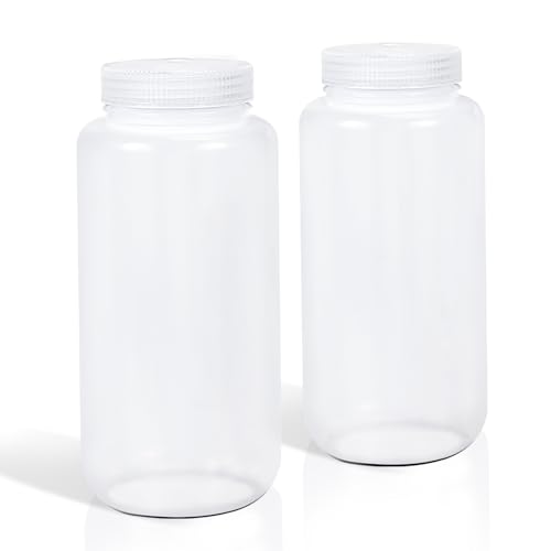DEMORA 32 oz Plastic Bottles with Lids, Airtight Refillable Wide Mouth Travel Bottles for Toiletries, PP Food Grade Plastic Containers for Liquids Pill Water Sample Lab Reagent (Clear, 2 Pcs)
