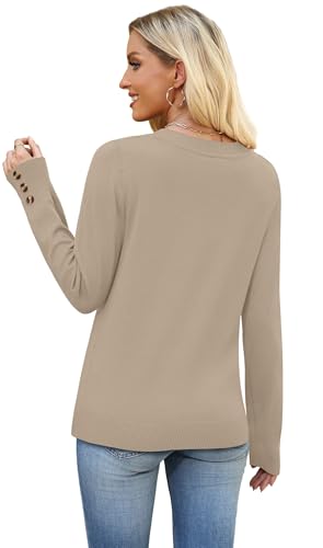 Image of WIHOLL Lightweight Sweaters for Women Long Sleeve V Neck Knit Outfits with Decorative Buttons