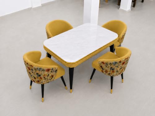 Image of WOODEN SPACE Majestic 4 Seater Wooden Dining Table Set | Urban Marble Top Dining Table with Chairs for Dining Room & Kitchen (Modern Classic Printed Yellow) (54 x 36 x 30 inch)