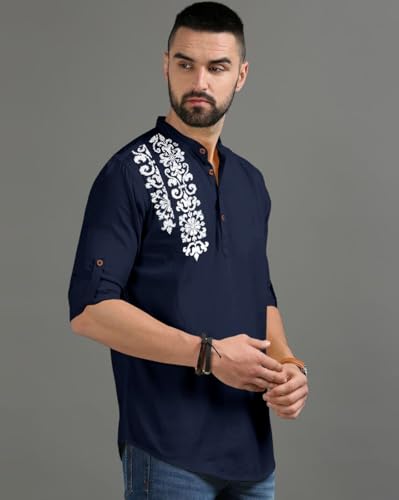 Image of FINIVO FASHION Men's Regular Fit Cotton Blend Kurta Shirt | Full Sleeve Ethnic Shirt with Mandarin Collar and Button Placket | Casual Kurta for Daily and Traditional Use