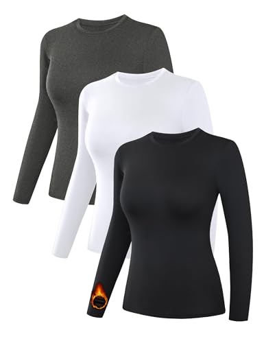 Dalavch 3 Pack Women’s Thermal Shirts, Women Fleece Lined Compression Long Sleeve Base Layer Tops for Winter Cold Weather 1 Black 1 Heather Gray 1 White Medium