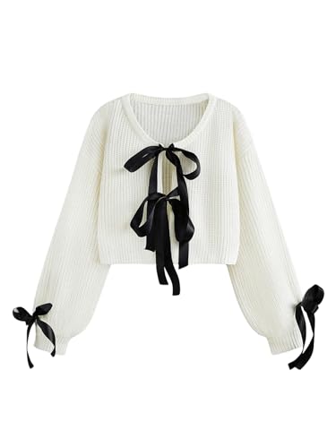 Image of Floerns Women's Long Sleeve Bow Tie Front Knitted Cardigans Drop Shoulder Crop Sweaters