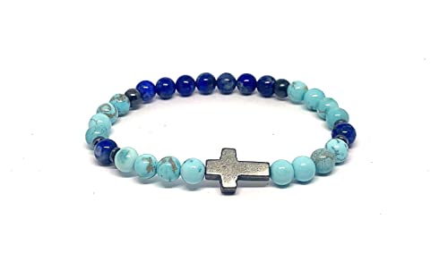 Health and Wellbeing, Faith Bracelet, Pyrite Cross Bracelet, Turquoise Healing Gemstone Bracelet, Spiritual Bracelet, Mens Fashion Bracelet, Lapis Lazuli Wrap,