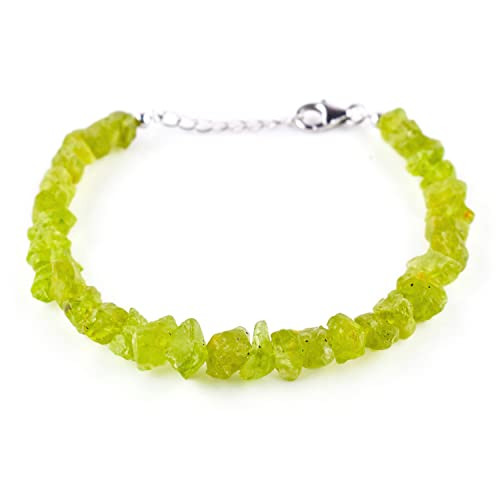 Qnavic Natural Raw Peridot Gemstone Rough Beads Dainty Bangle Bracelet, August Birthstone Healing Chakra Crystals, Rhodium Plating 925 Sterling Silver 8 Inch, Birthday Gift For Her #TOP30