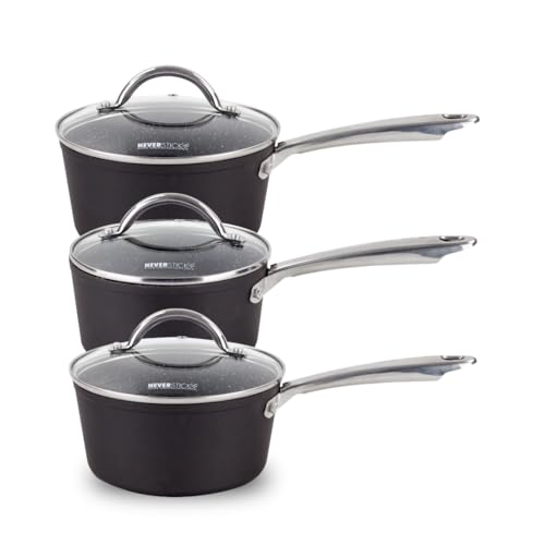 Scoville PERFORMANCE Neverstick+ 3 Piece Saucepan Set with Lids, Non-Stick Saucepan Set, 16/18/20cm Saucepans, Suitable for All Hobs, Oven Safe to 260°C. Dishwasher Safe, PFOA Free, Black
